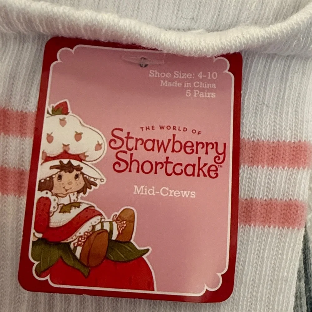 Strawberry Shortcake Women 5 Pack Mid Crew Socks‎ Shoe Size 4-10 Pink White Grey